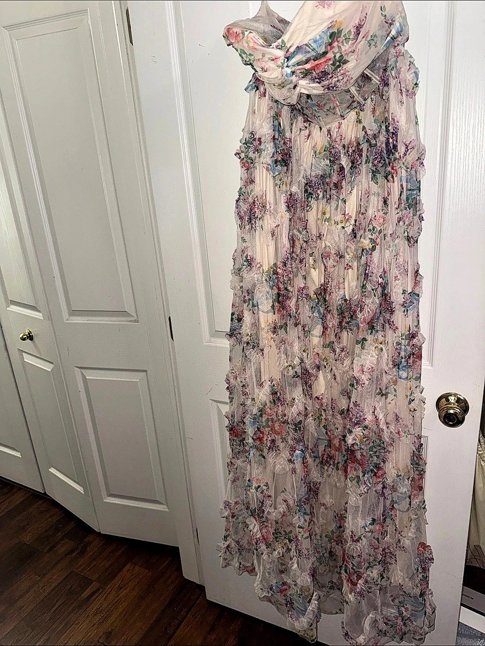 FAERIESTY Ruched Bustier Ruffle Trim Hem Floral Print Tube Dress Floral Maxi